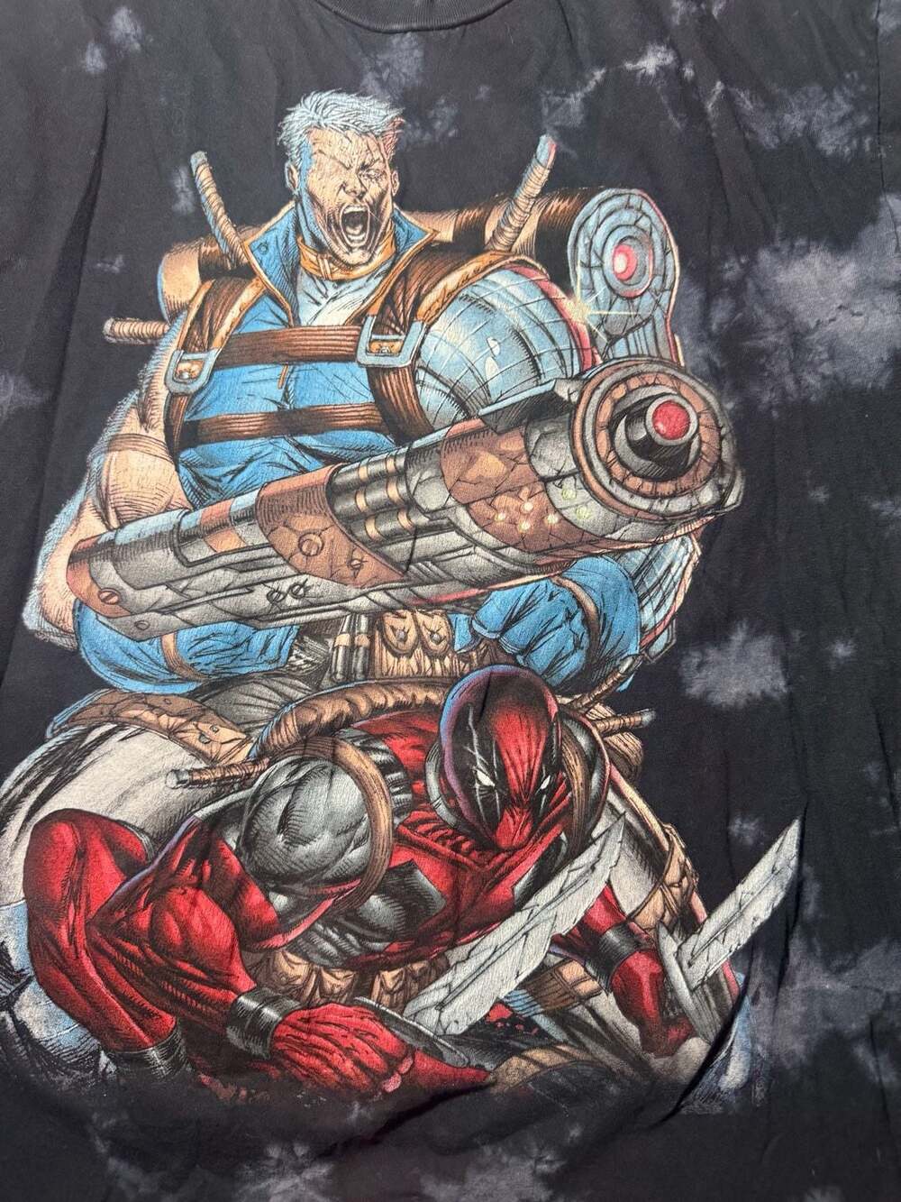 Marvel Deadpool and Cable Comic Art Black Cloud Wash Graphic T-Shirt
